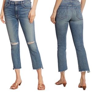 MOTHER Blue Cropped Distressed Jeans
